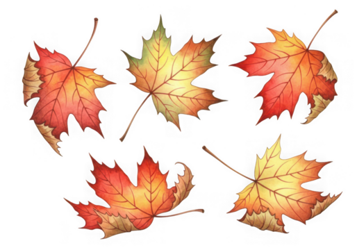 A collection of five watercolor maple leaves in various of red, orange, yellow, isolated on transparent background - Powered by Adobe