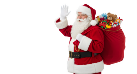 Santa claus waving hello with a sack full of gifts isolated on transparent background