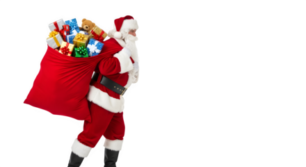 Santa claus dressed in traditional red suit carrying a large sack full of colorful gifts isolated on transparent background