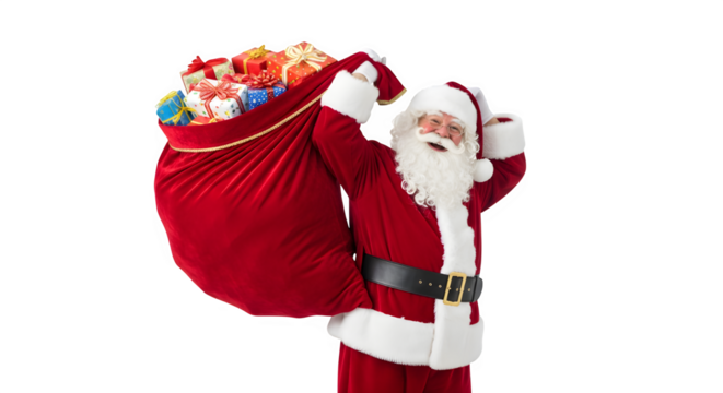 Cheerful santa claus carrying a large sack full of colorful gifts isolated on transparent background