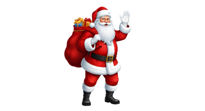Cheerful santa claus wearing a red suit carrying a sack of gifts isolated on transparent background - Powered by Adobe