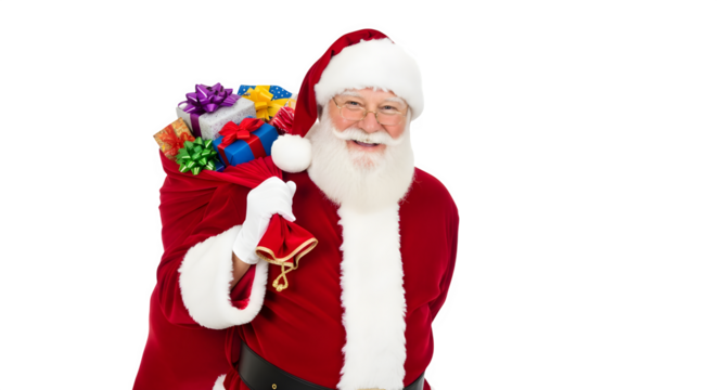 Smiling santa claus with a sack full of colorful gifts isolated on transparent background - Powered by Adobe