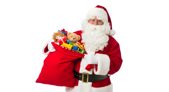 Classic santa claus holding a sack full of colorful toys isolated on transparent background