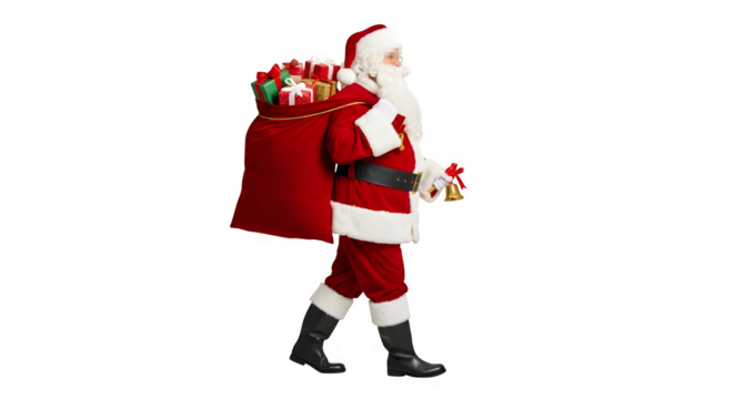Full body view of santa claus in his traditional red suit carrying a large sack of gifts isolated on transparent background
