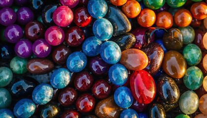 Vibrant Polished Stones Texture. Glossy Multicolor Pebbles Background. Abstract Bright Surface Pattern.