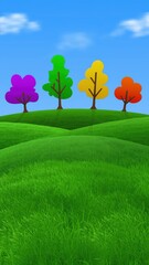 Colorful Trees on Green Hills Under Blue Sky