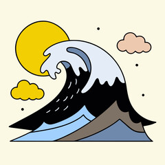 Naklejka premium Stylized ocean wave under a bright sun with clouds and mountains