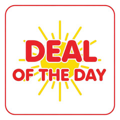 Bright red deal of the day text with yellow bursting sun rays isolated on transparent background