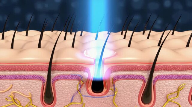 A detailed cross section of skin with hair follicles and a blue light beam targeting one follicle