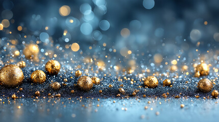 Elegant golden glitter spheres on a blue bokeh background create a magical festive mood, perfect for holiday greetings and upscale party invitations