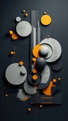 Dynamic Abstract Geometric Design: Grey & Orange Spheres, Discs, & Layers on Dark Background