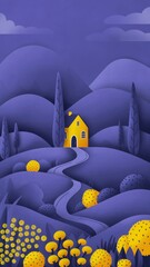 Whimsical Nature Scene with Yellow House and Purple Hills
