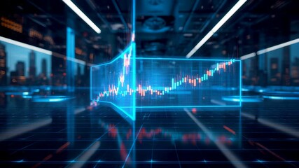 Digital holographic financial chart showing rising market trend with glowing blue analytics data in modern virtual trading technology environment - Powered by Adobe