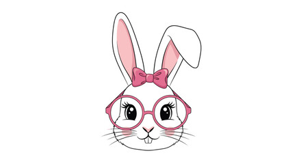 A cute cartoon bunny rabbit with pink glasses and a bow is a whimsical character illustration.