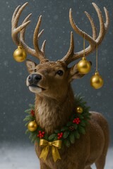 A beautiful reindeer with majestic antlers decorated with golden ornaments and a festive wreath in a
