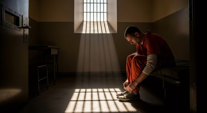 Caucasian man in an orange jumpsuit sits on a bed, tying shoe in prison cell with patterned light from window, representing solitary confinement and justice. - Powered by Adobe