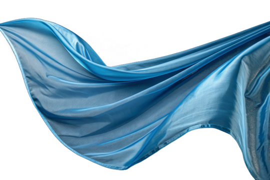 Silk's lustrous light blue fabric flutters in the breeze against a transparent background. Composition material. Already cut out.
