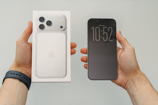 iPhone 17 Pro Max unboxing with box and display &ndash; editorial photo