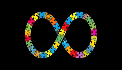 Colorful infinity symbol made of puzzle pieces on a black background