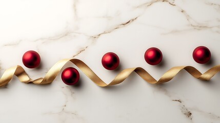 Festive Red Orbs and Gold Ribbon on Marble Surface