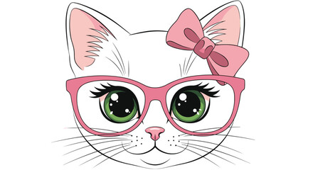 Cute white kitten wearing pink glasses and a pink bow on its head.