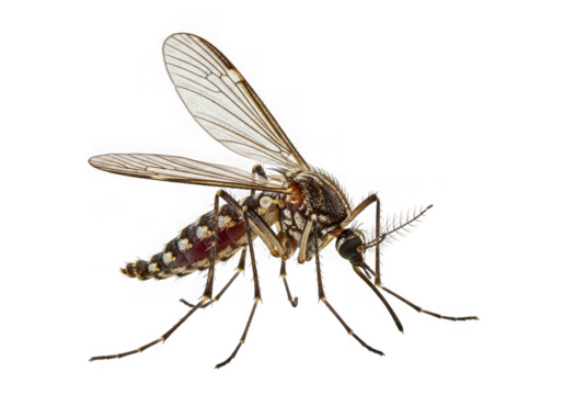 Closeup of a female aedes aegypti mosquito distinctive white markings on its legs body isolated on transparent background