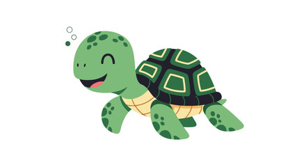 A cute cartoon sea turtle swims happily through the ocean waters with a cheerful expression.