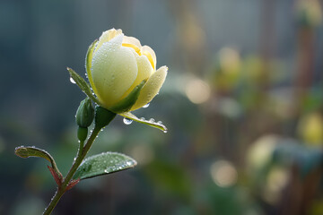 Pale Lemon Bloom Opening In Heritage Walled Garden At Dawn, Dew On Stem, Backlit Mist, Macro Floral Photography, Shallow Depth Of Field, Botanical Detail