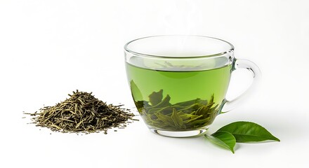 Freshly Brewed Green Tea with Tea Leaves on White Background