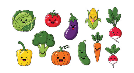 A charming collection of pixel art vegetables with expressive faces.