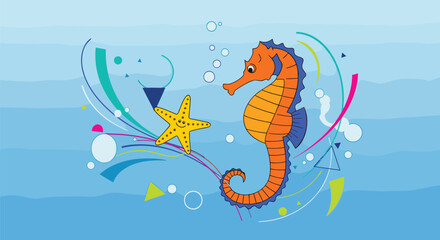 A vibrant digital illustration featuring a playful orange seahorse and a yellow starfish against a soothing blue ocean background with colorful abstract swirls and bubbles.
