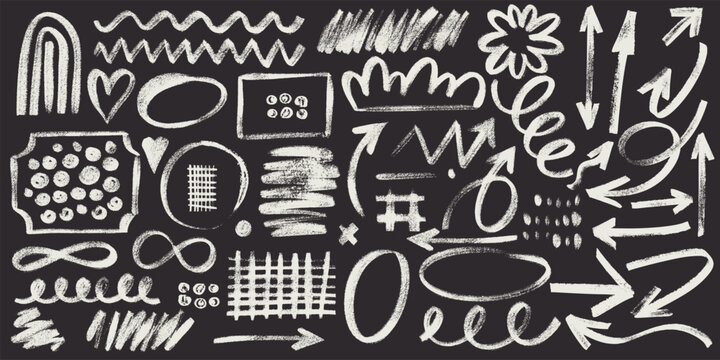 Hand drawn brush stroke arrows and asterisk marker line shapes set. Grunge textured squiggles, sketch paint elements, abstract geometric doodles for creative background design. Vector illustration.