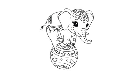 An adorable elephant balancing artfully on a patterned ball in a playful circus scene.