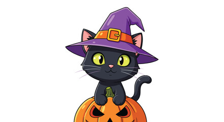 Cute black cat wearing a witch hat sits on a spooky jack-o-lantern for Halloween celebrations.