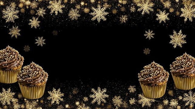 Festive chocolate cupcakes with golden snowflakes and glitter on black background - Powered by Adobe