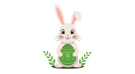 A charming bunny holding a decorated green egg surrounded by sprigs of greenery representing spring and Easter celebrations.