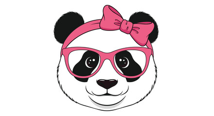 A cute panda wearing glasses and a pink bow is shown in the image.