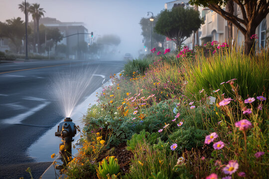 Coastal Green Street With Tidal Backflow Valve And Pollinator Plantings, Dawn Marine Layer, Subtle Mist Over Outfall