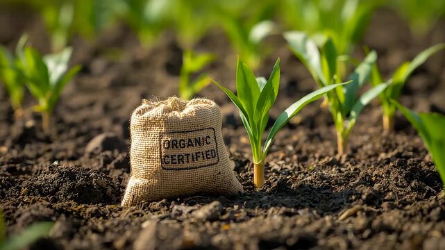 Organic certified farming concept with young green plants growing in fertile soil beside eco-friendly sack under natural sunlight in agriculture field