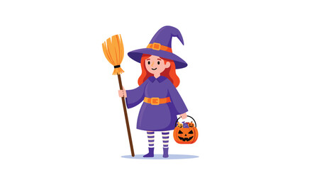 A young witch dressed in a purple outfit holding a broom and a trick or treat bucket with a pumpkin face.