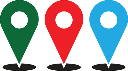 A set of three colorful map location pins in green, red, and blue on a white background.