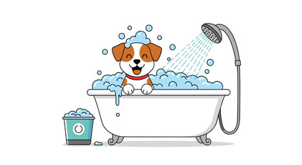 A happy puppy enjoys a bubbly bath time with a shower head pouring water on it.