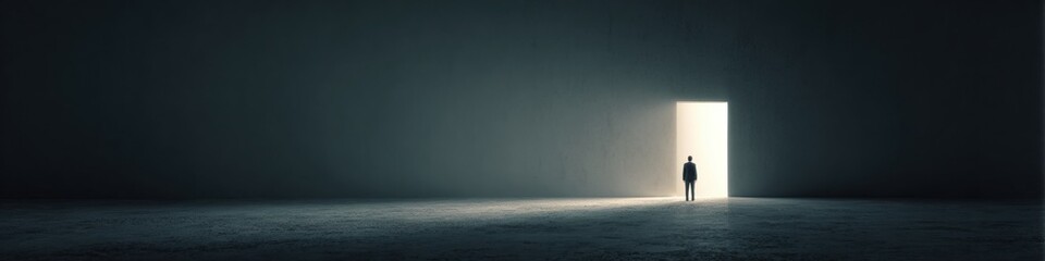 Obraz premium Businessman Stands Before Bright Open Door After Dark Corridor Representing Success and New Opportunities in the Professional World