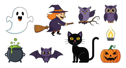 A collection of cartoon halloween icons including a ghost owl bat witch and pumpkin.