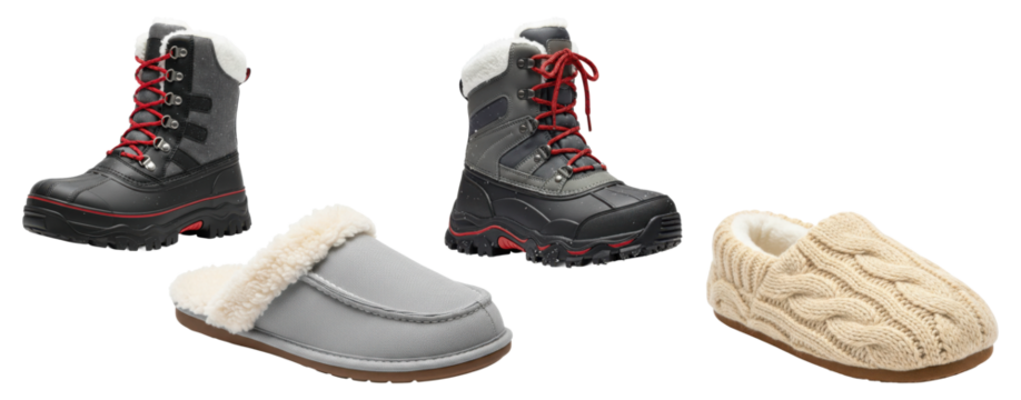 A set of comfortable men's winter footwear including snow boots and warm slippers