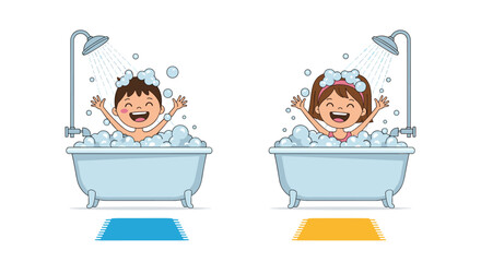 Joyful children delight in bubbly bathtime splashing and playing with water creating a fun and refreshing experience together.