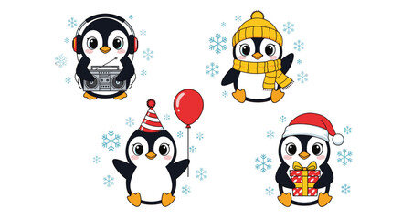 Cute cartoon penguins in winter clothes celebrating the holidays with snowflakes and a balloon.