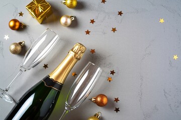New year champagne celebration background with glasses and golden decorations