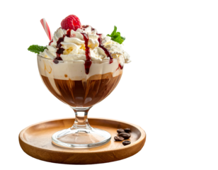 A layered coffee drink in a stemmed glass with whipped cream, berry sauce, raspberry, and mint sprigs atop