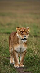 Powerful lioness surveys her domain with regal confidence, displaying her inherent strength and protective instincts across vast grasslands ,sunlit ,sunny ,savanna